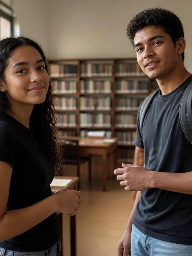 Duas participantes conversando de pé no corredor entre prateleiras de livros