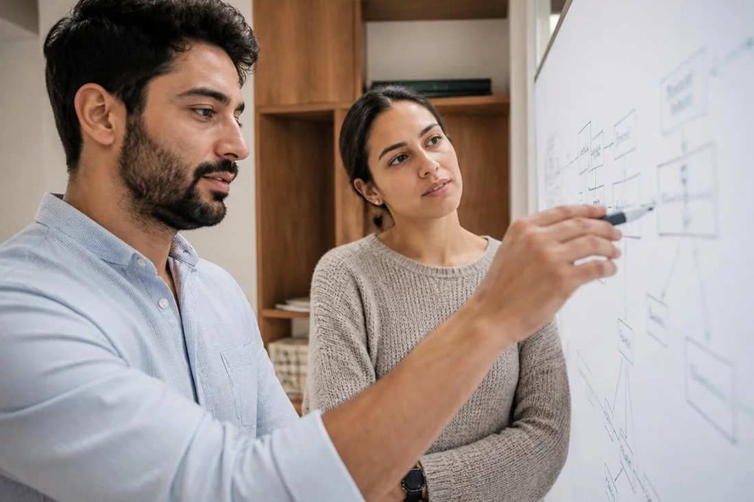 Duas pessoas diante de um quadro branco com a armação de um argumento rabiscada